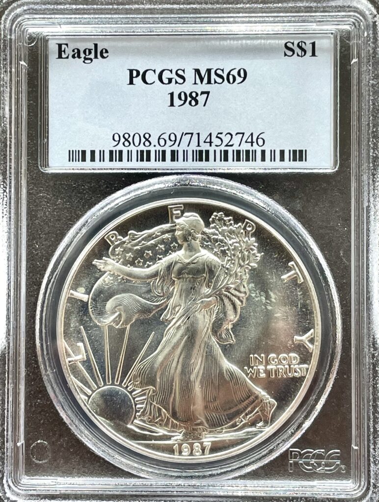 1987 USA Silver Eagle PCGS MS69 certified coin, Walking Liberty design