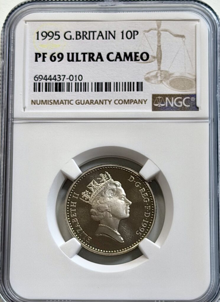 1995 Great Britain 10 Pence Lion design NGC PF69 Ultra Cameo proof coin