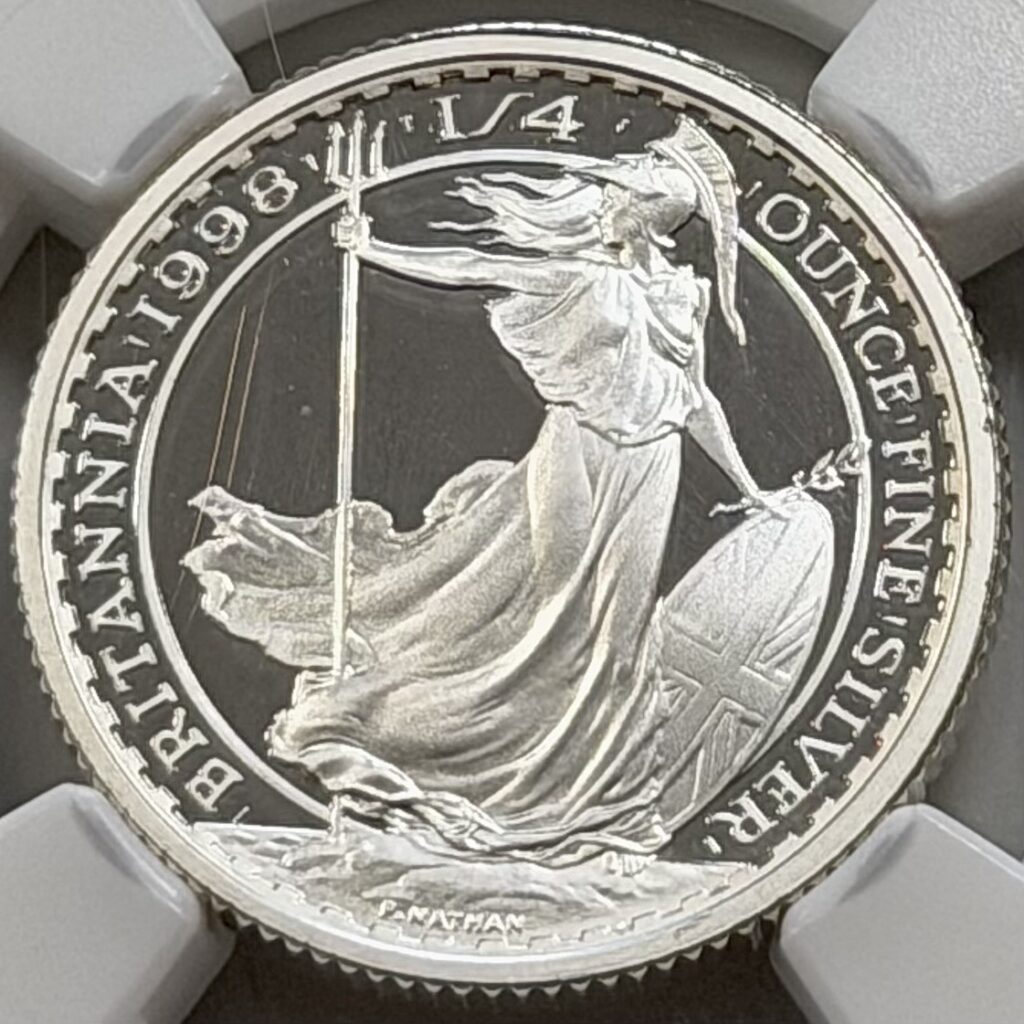 1998 Great Britain Britannia 1/4oz silver coin obverse close-up, NGC PF69 Ultra Cameo