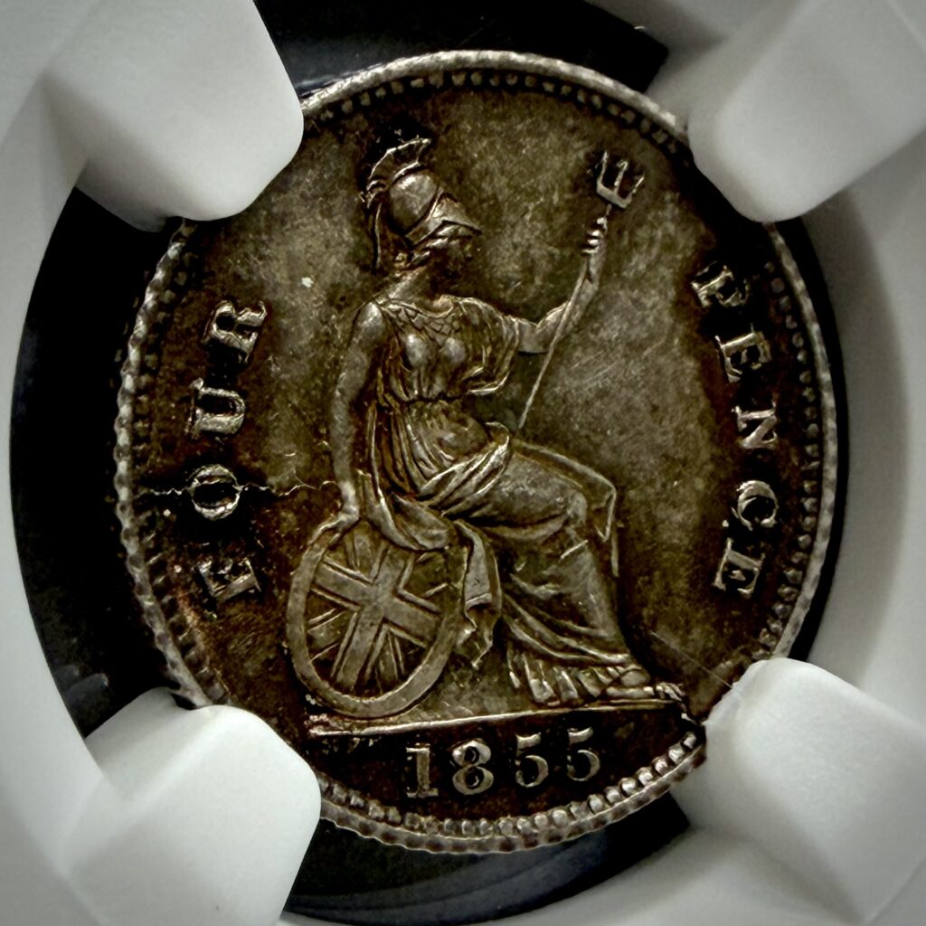 Close-up of the Britannia reverse on an 1855 Great Britain Four Pence silver coin certified NGC MS62.