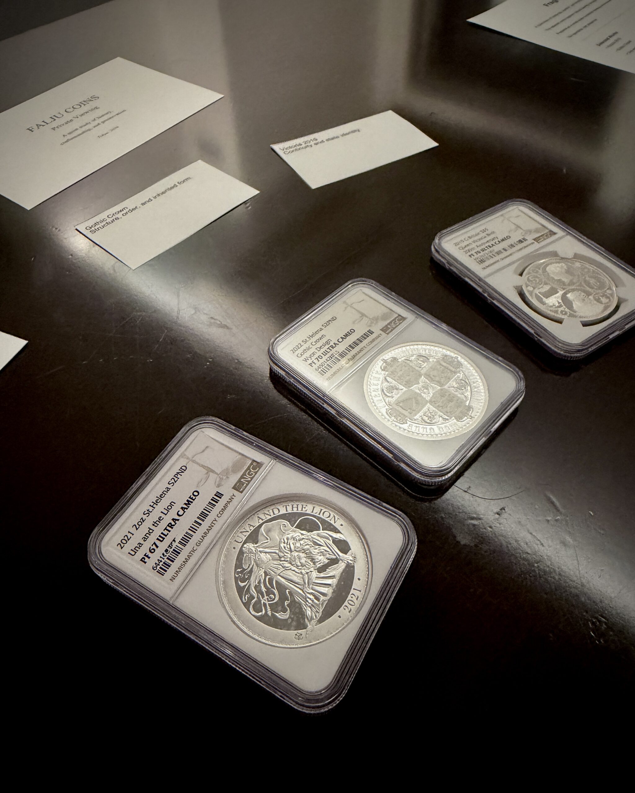 A selection of NGC-certified antique coins, including Una and the Lion, the Gothic Crown, and Victoria 2019, presented during a private viewing by FALJU COINS in Tokyo.