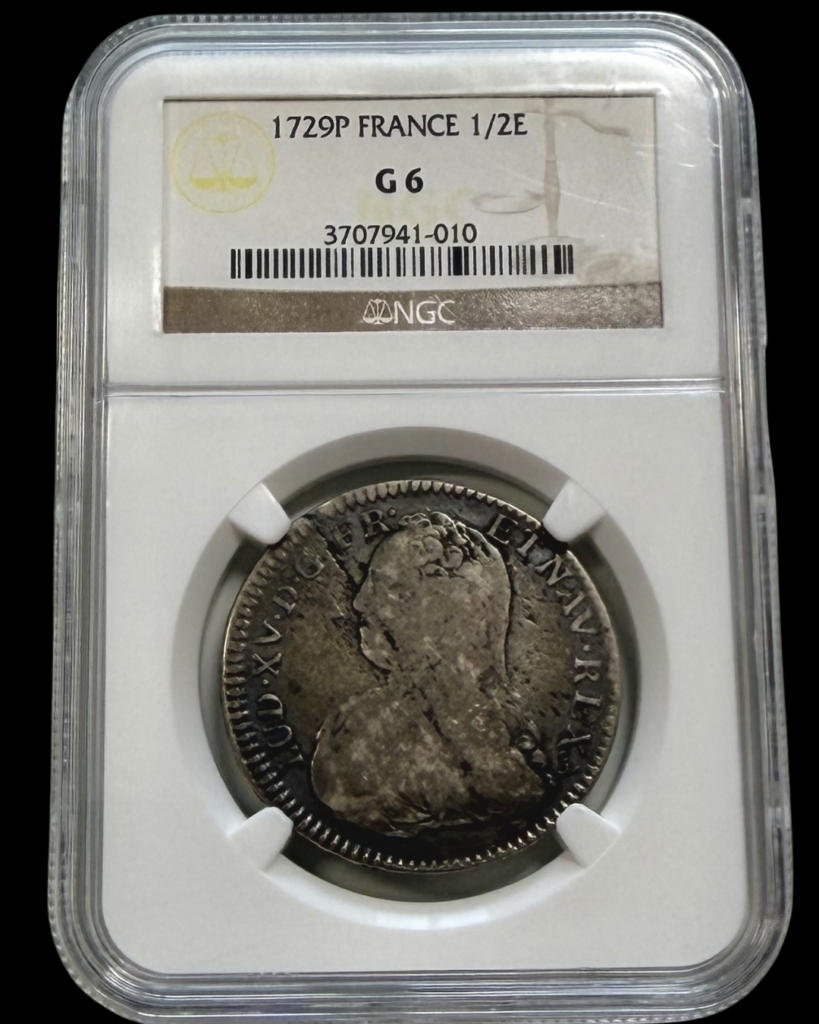 1729 France Half Écu certified by NGC in G6 grade.