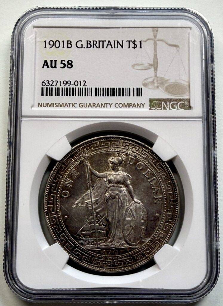1901-B Great Britain Trade Dollar certified NGC AU58, featuring Britannia with trident, shield, and merchant ship.