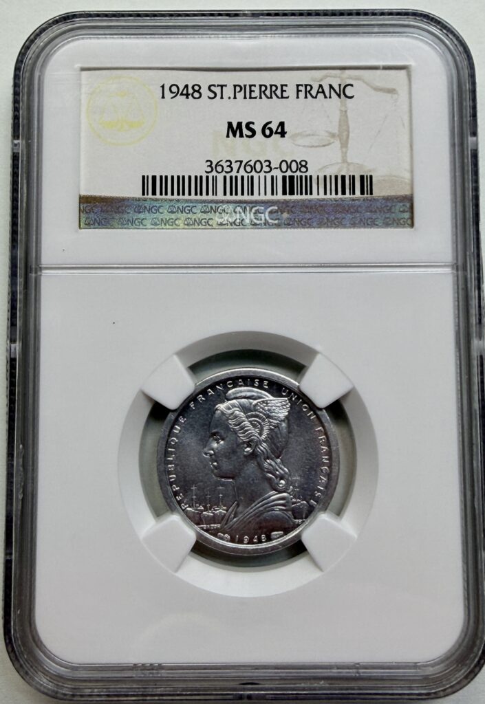NGC MS64 certified 1948 St. Pierre 1 Franc, obverse view within holder.