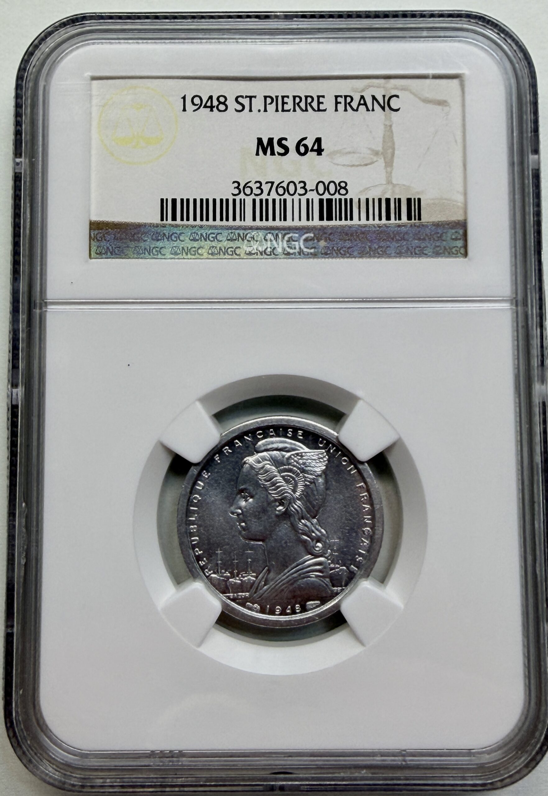 NGC MS64 certified 1948 St. Pierre 1 Franc, obverse view within holder.
