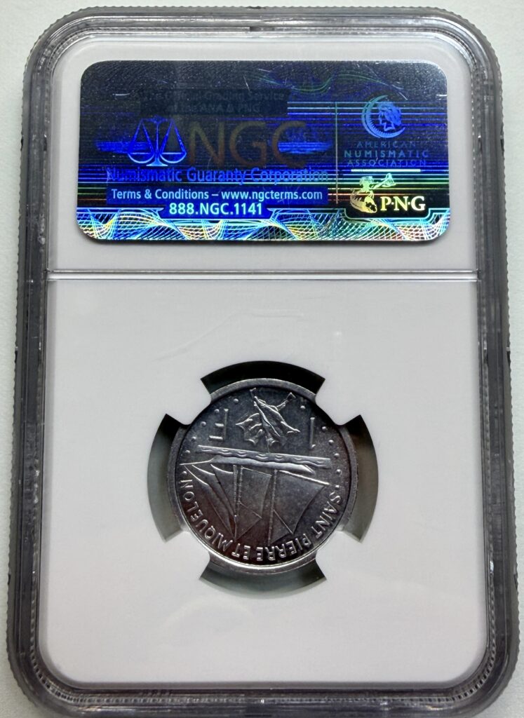 NGC MS64 certified 1948 St. Pierre 1 Franc, reverse view showing sailing vessel design.