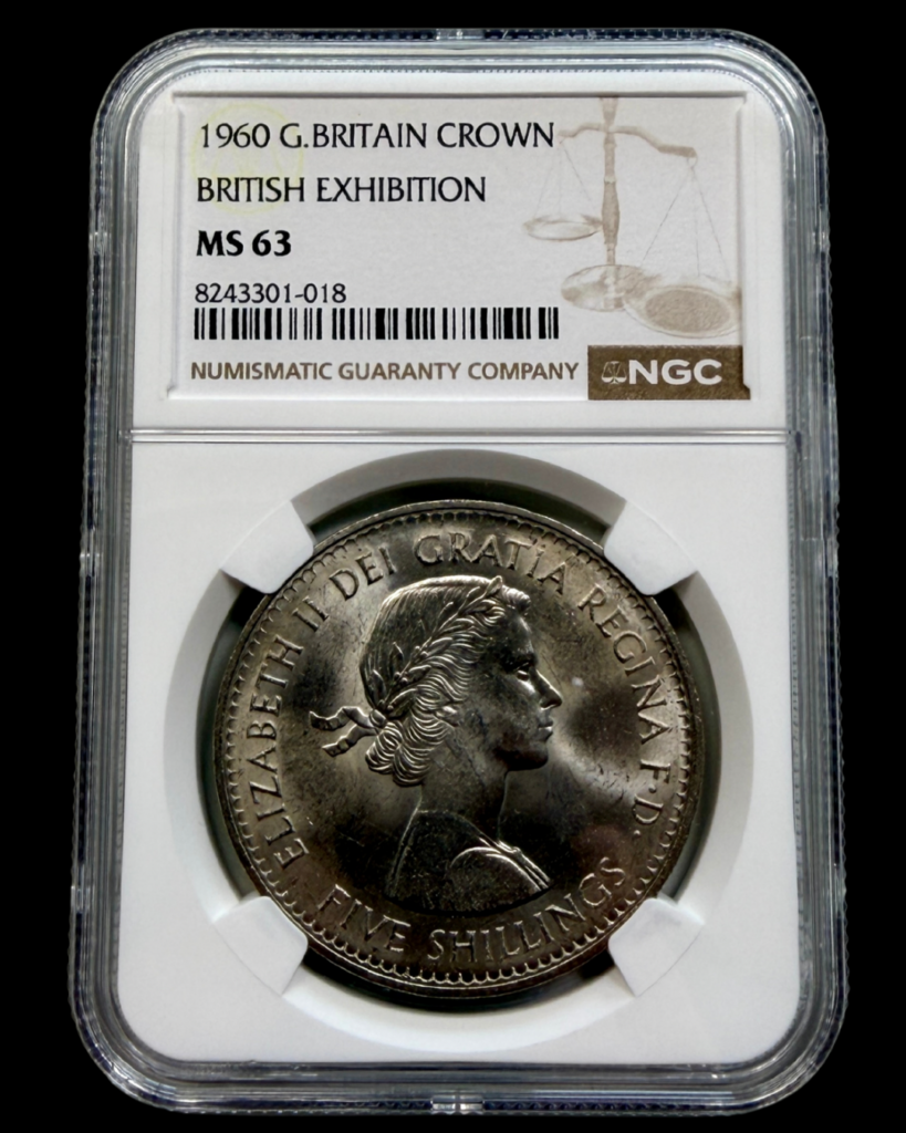 1960 British Exhibition Crown certified by NGC in MS63 grade.