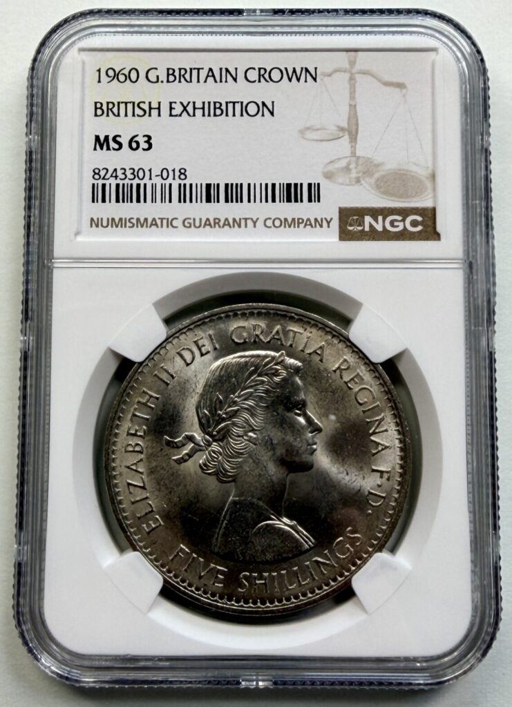 NGC MS63 certified 1960 Great Britain British Exhibition Crown featuring the young portrait of Queen Elizabeth II.