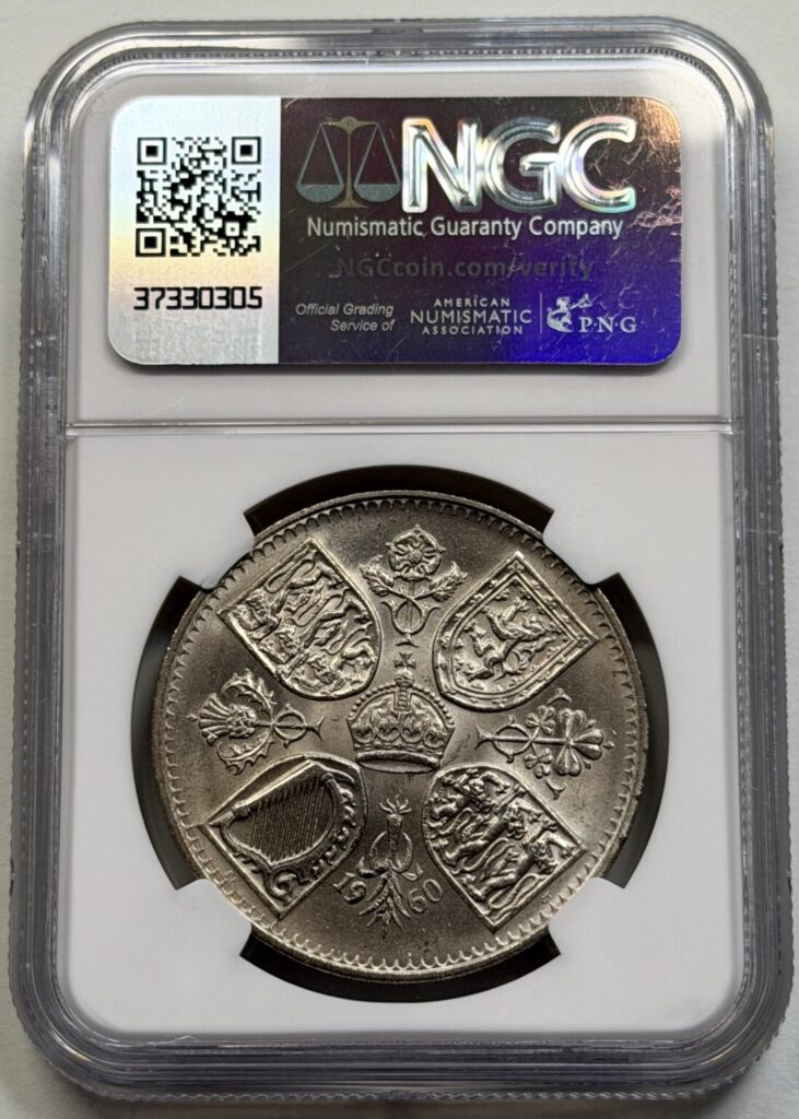 Reverse side of the certified 1960 British Exhibition Crown in NGC MS63 holder.