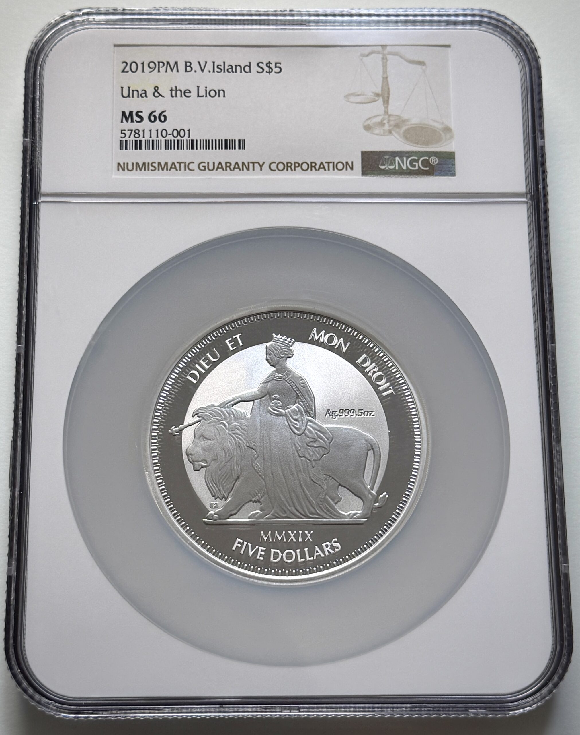 2019 Una and the Lion silver coin certified NGC MS66 in original holder.