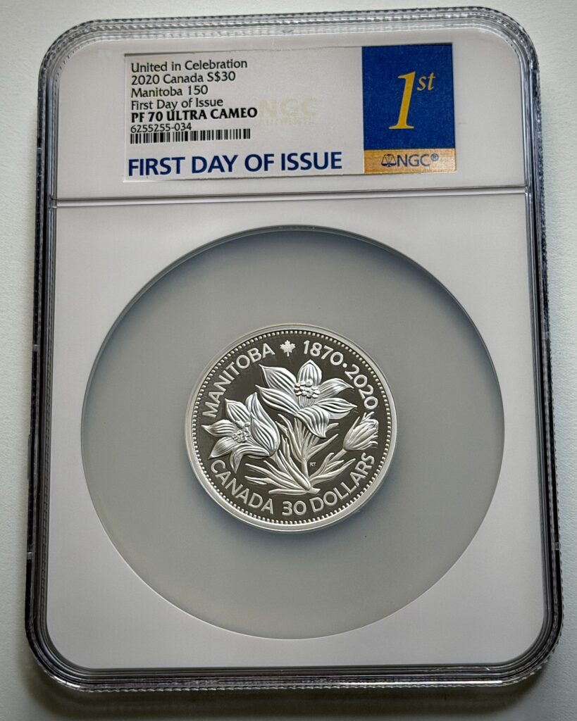 2020 Canada Manitoba 150 commemorative silver coin, certified NGC PF70 Ultra Cameo First Day of Issue.