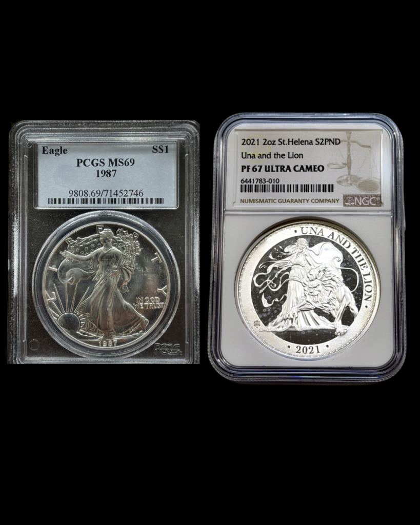 NGC and PCGS certified coin holders shown side by side.