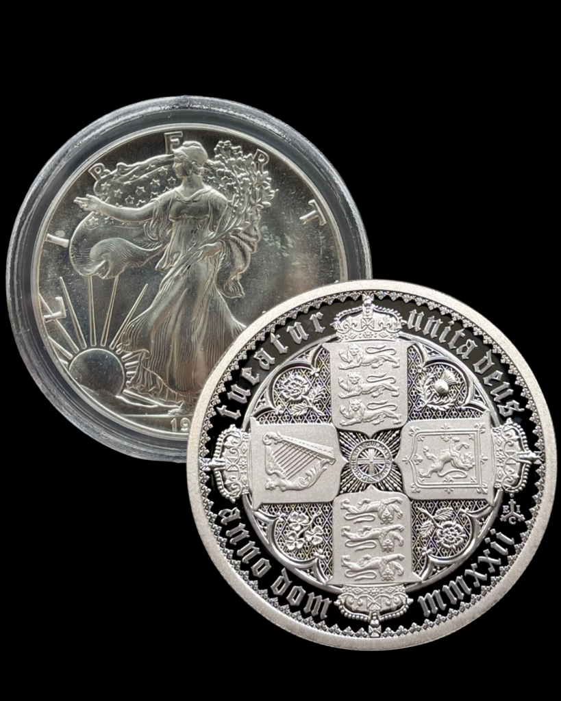 Bullion coin and collector coin shown side by side.
