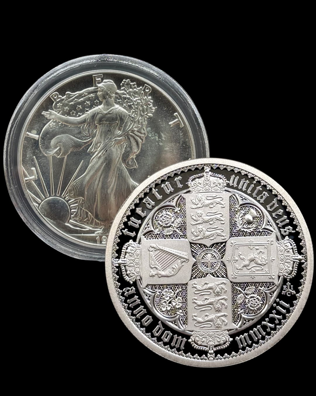 Bullion coin and collector coin shown side by side.