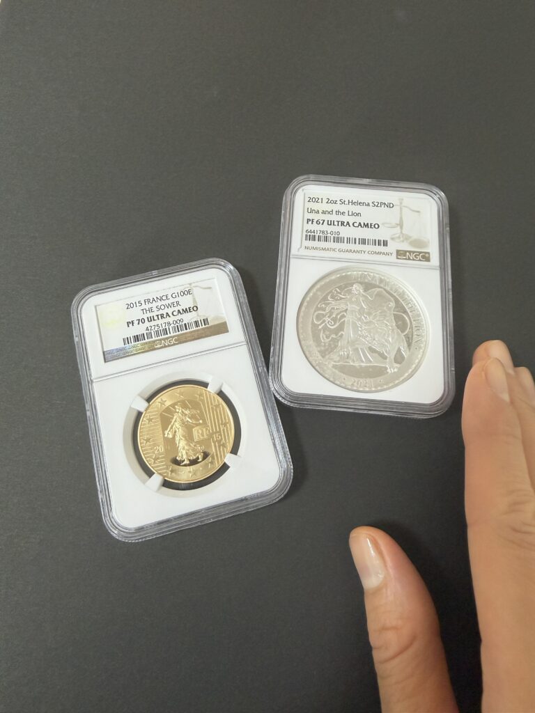 Certified gold or silver coin presented as a historical collectible object.