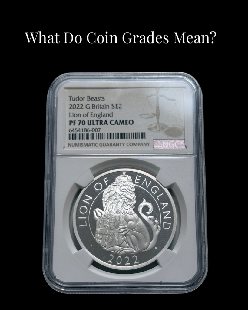 Certified coins showing coin grades such as PF, AU, and numeric grades used in numismatic grading.