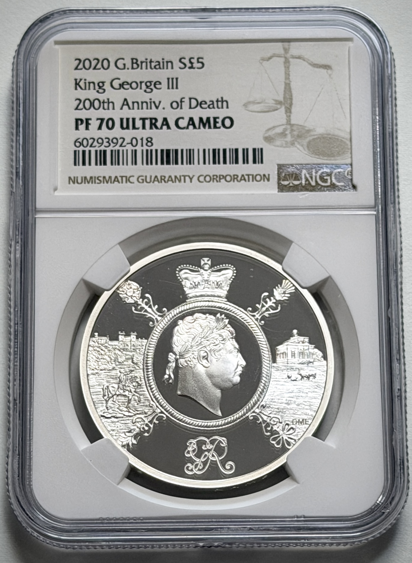 2020 Great Britain £5 Silver Proof commemorating King George III, certified NGC PF70 Ultra Cameo.