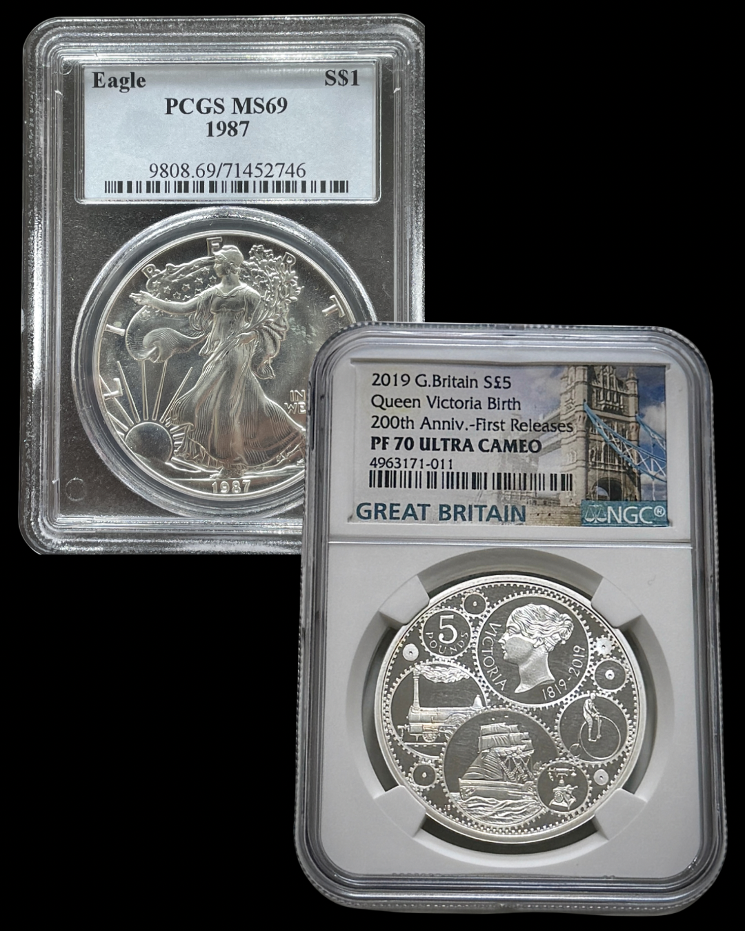 Certified coin in an NGC or PCGS slab.