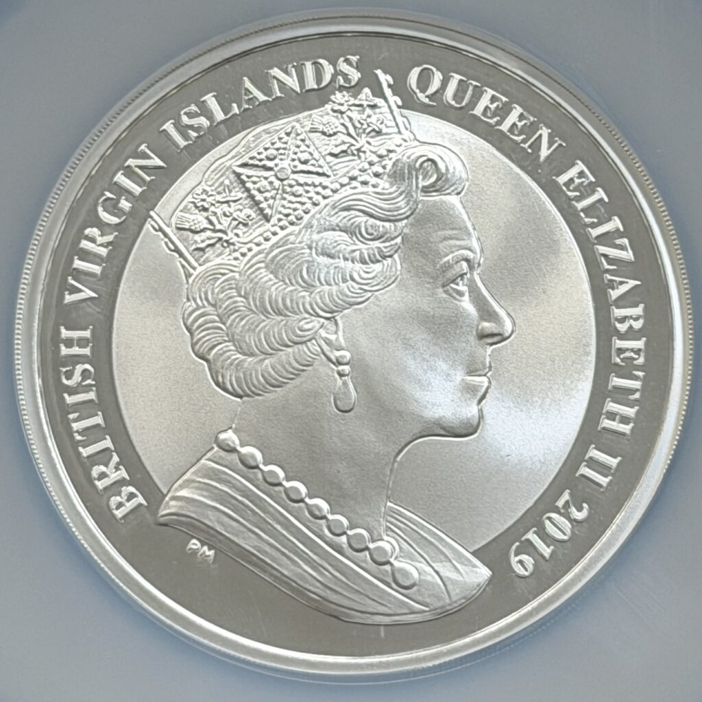 Close-up of the Queen Elizabeth II effigy on the 2019 British Virgin Islands five-ounce silver coin