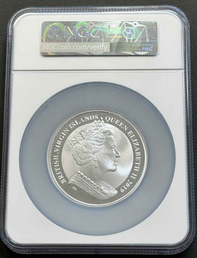 Reverse of the NGC slab showing the Queen Elizabeth II side of the 2019 British Virgin Islands five-ounce silver coin