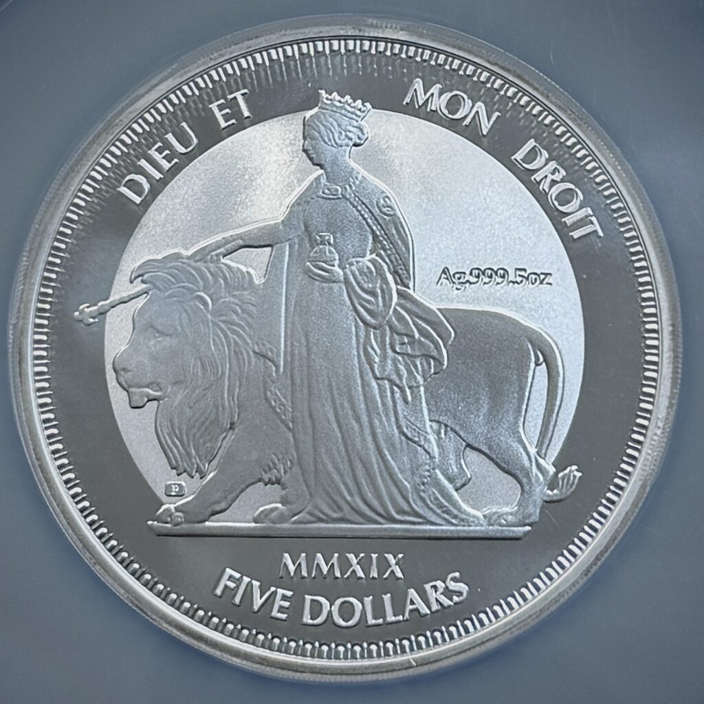 Close-up of Una walking beside the lion on the 2019 British Virgin Islands five-ounce silver coin