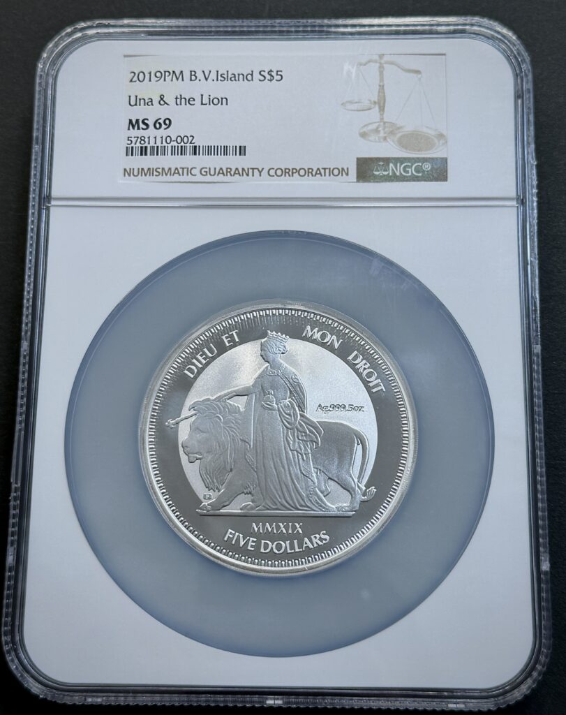 Front of the NGC MS69 slab containing the 2019 British Virgin Islands Una and the Lion five-ounce silver coin