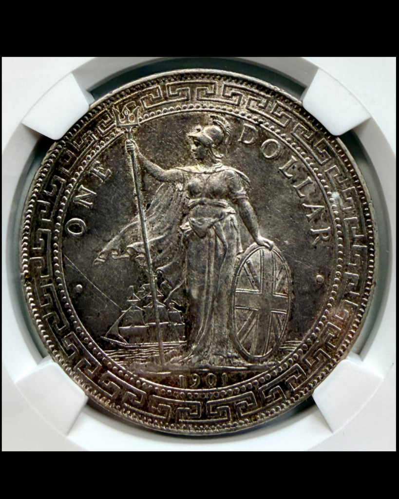 1901-B British Trade Dollar showing Britannia, her trident, shield and a merchant ship
