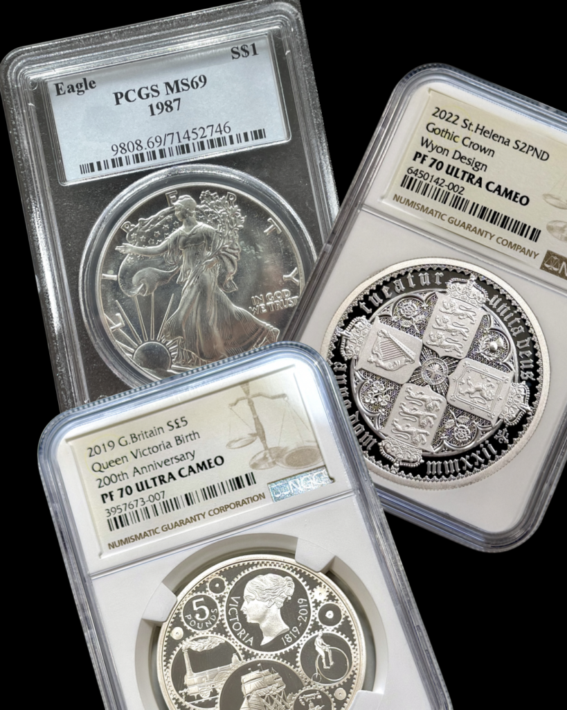 NGC and PCGS slab label showing grade and certification number
