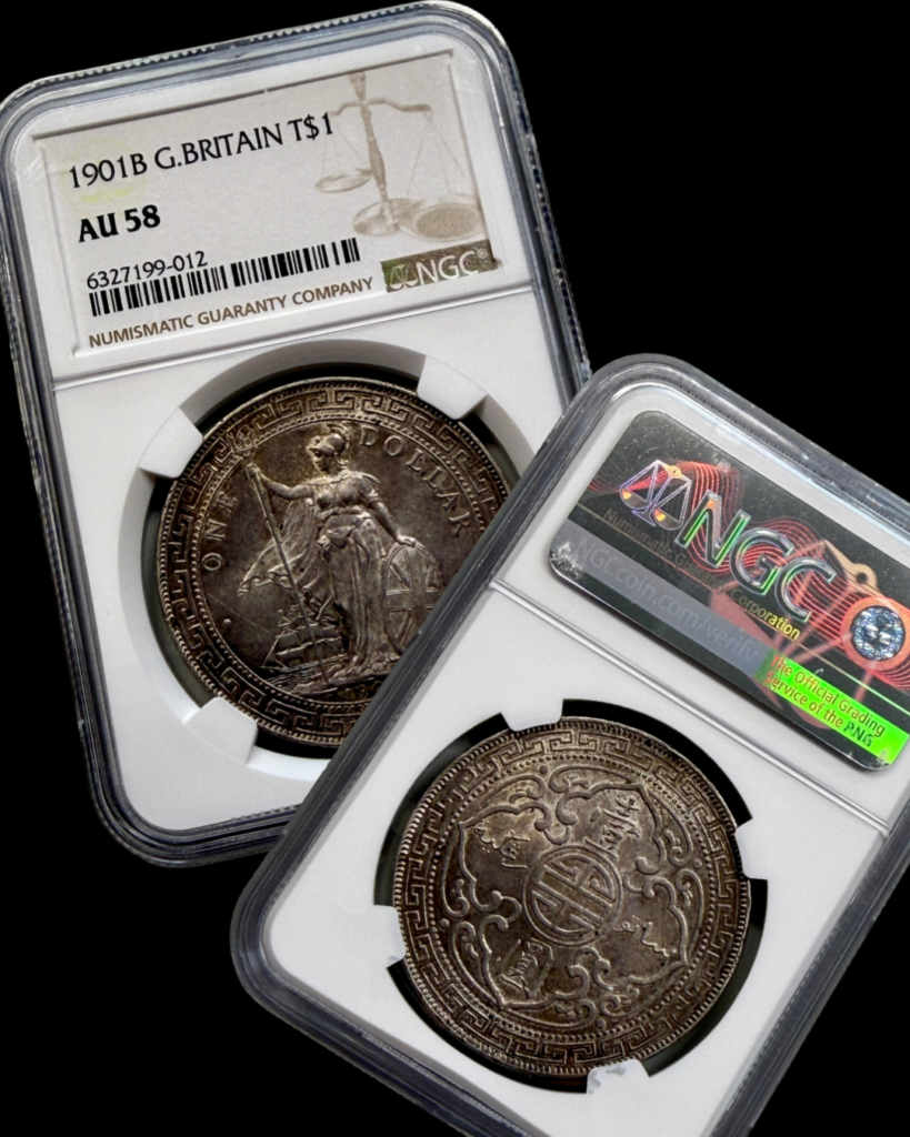 Obverse and reverse of a certified 1901 British Trade Dollar in an NGC holder.