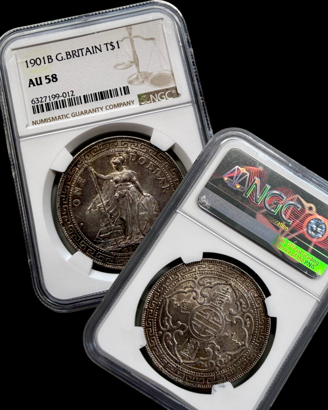Obverse and reverse of a certified 1901 British Trade Dollar in an NGC holder.